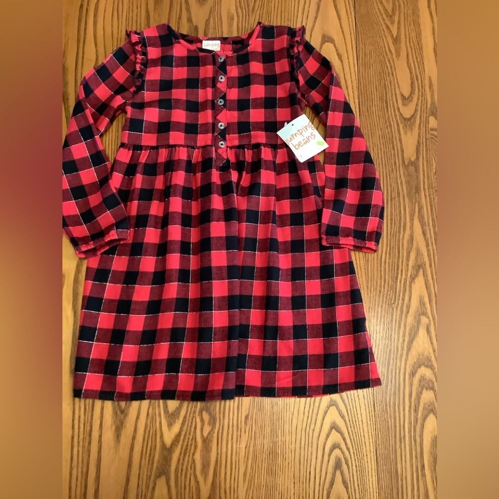 Jumping Beans Girl's Red & Black Plaid Ruffle-long Sleeve Dress Sz 5 New